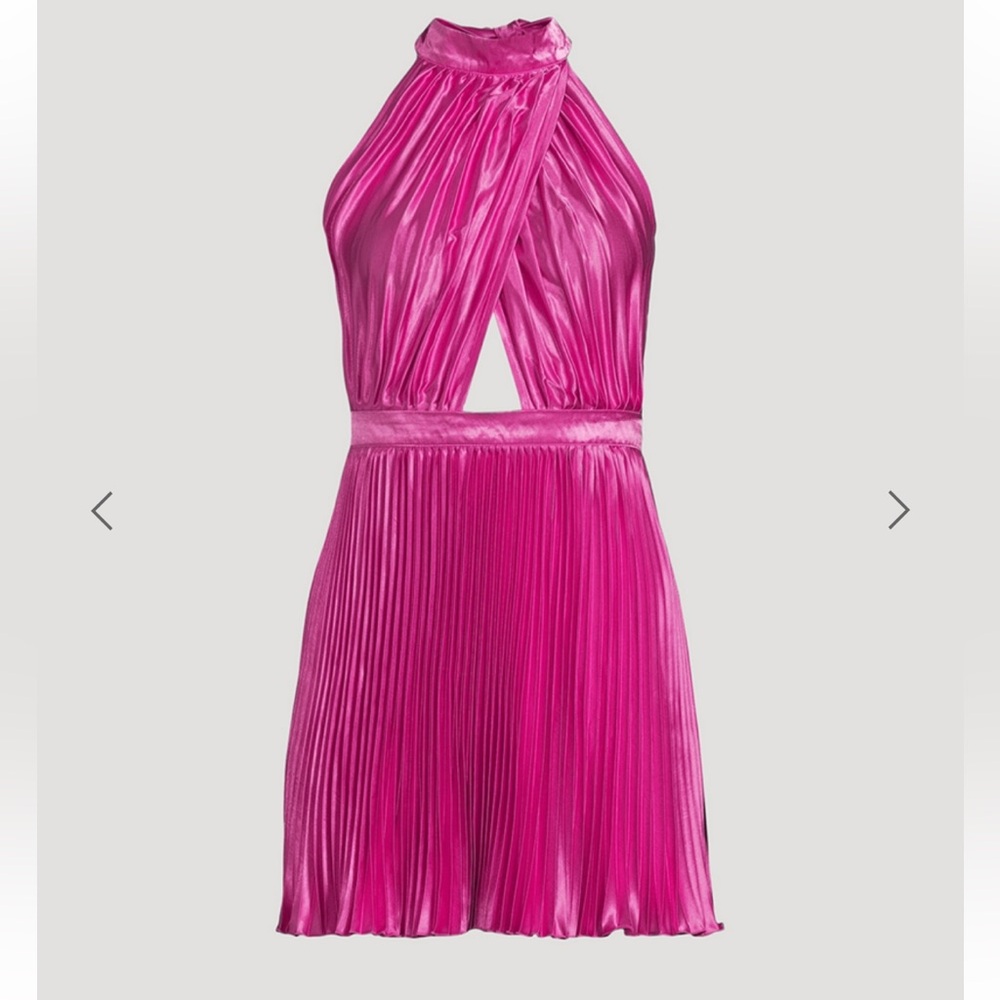 Flamingo Pink Pleated Halter Satin Mini Dress
